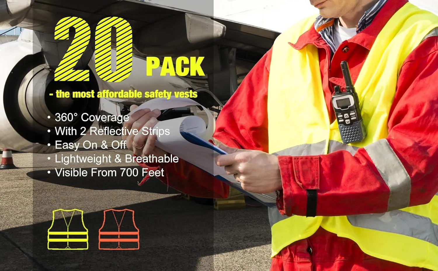 DUSKCOVE 20 Pack High Visibility Safety Vest for Traffic Work, Running, Surveyor and Security Guard - Construction Vest with 2 Reflective Strips, Made from Breathable Neon Yellow Mesh Fabric