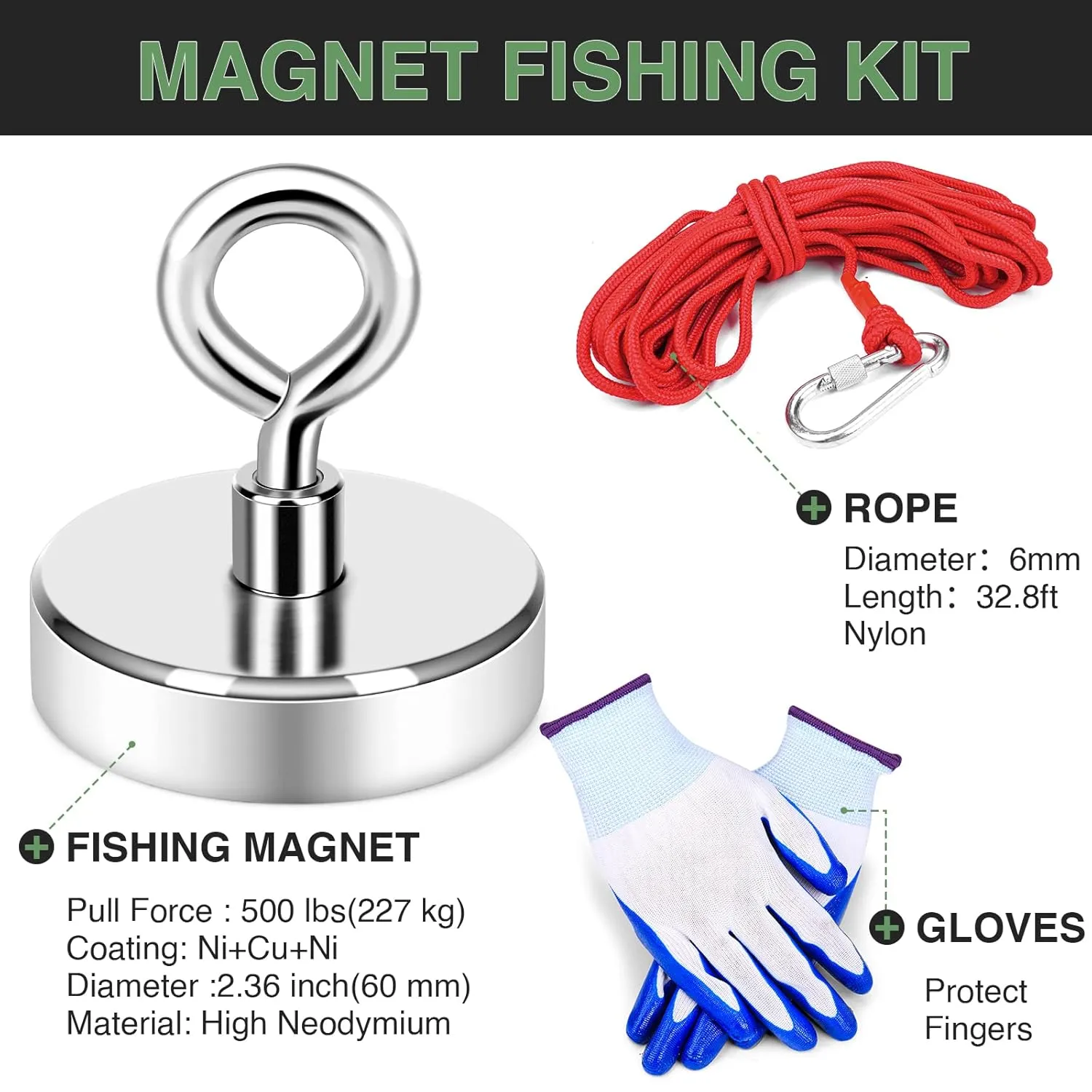 E BAVITE Heavy Duty Fishing Kit, Rare Earth Neodymium Magnets with Eyebolt for Lifting (500Lbs)