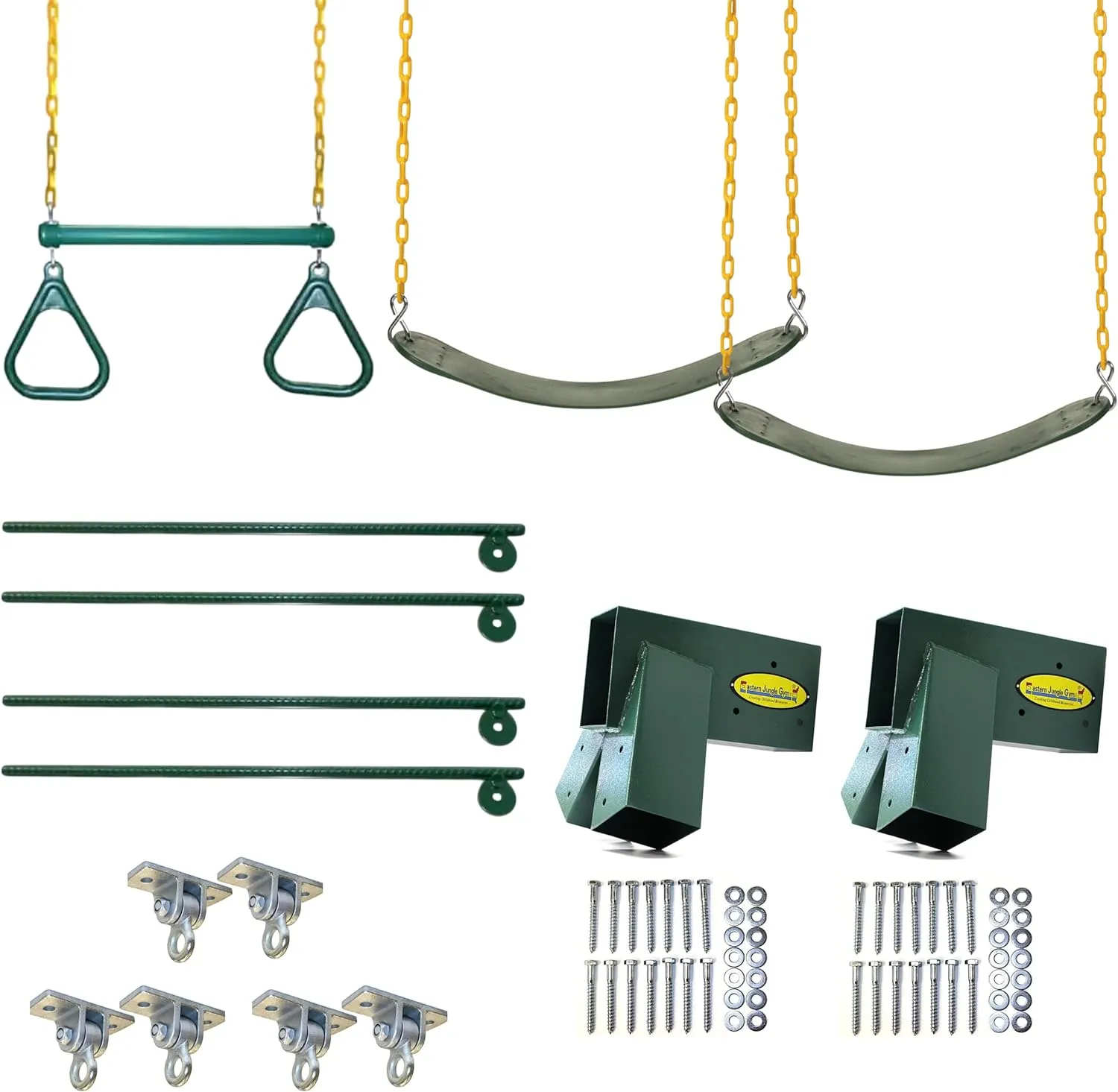 Eastern Jungle Gym DIY Swing Set Hardware Kit with Easy 1-2-3 A-Frame Brackets, Swing Seats, Ring Trapeze Bar and All Assembly Hardware and Instructions - Wood Not Included