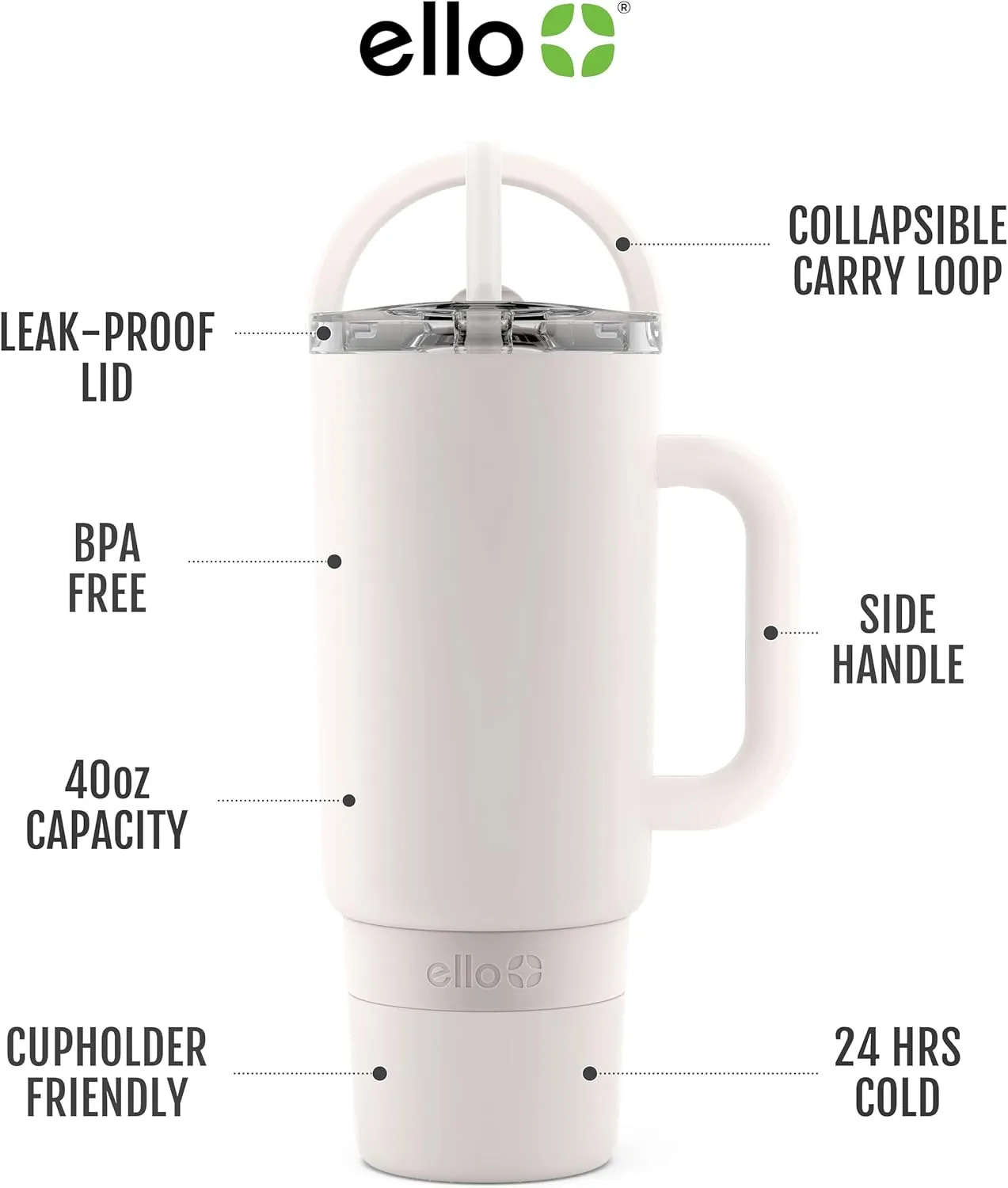 Ello Port 40oz Tumbler with Carry Loop & Integrated Handle, Vacuum Insulated Stainless Steel Reusable Water Bottle, Travel Mug with Leak Proof Lid & Straw, Perfect for Iced Coffee & Tea, Cream