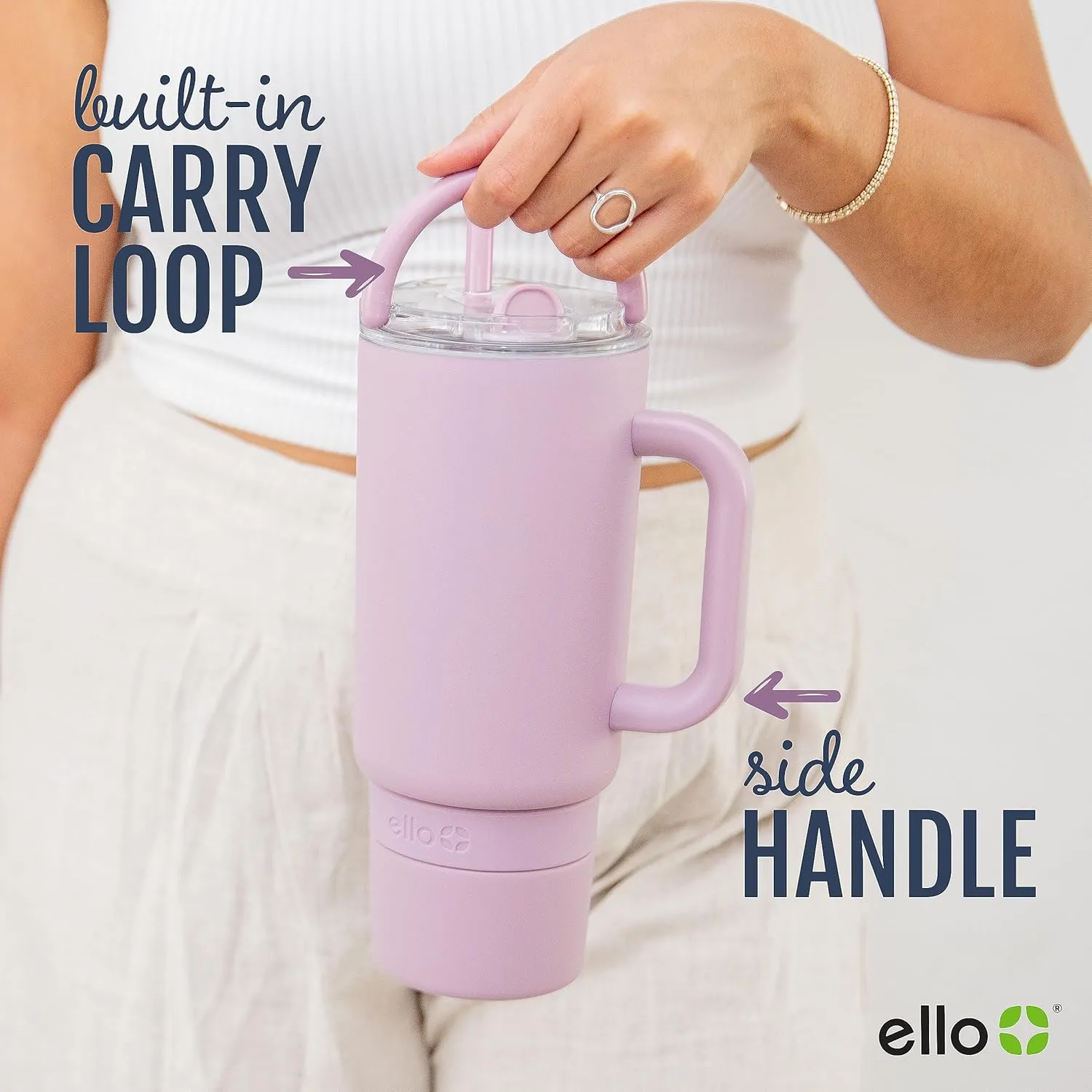 Ello Port 40oz Tumbler with Carry Loop & Integrated Handle, Vacuum Insulated Stainless Steel Reusable Water Bottle, Travel Mug with Leak Proof Lid & Straw, Perfect for Iced Coffee & Tea, Cream