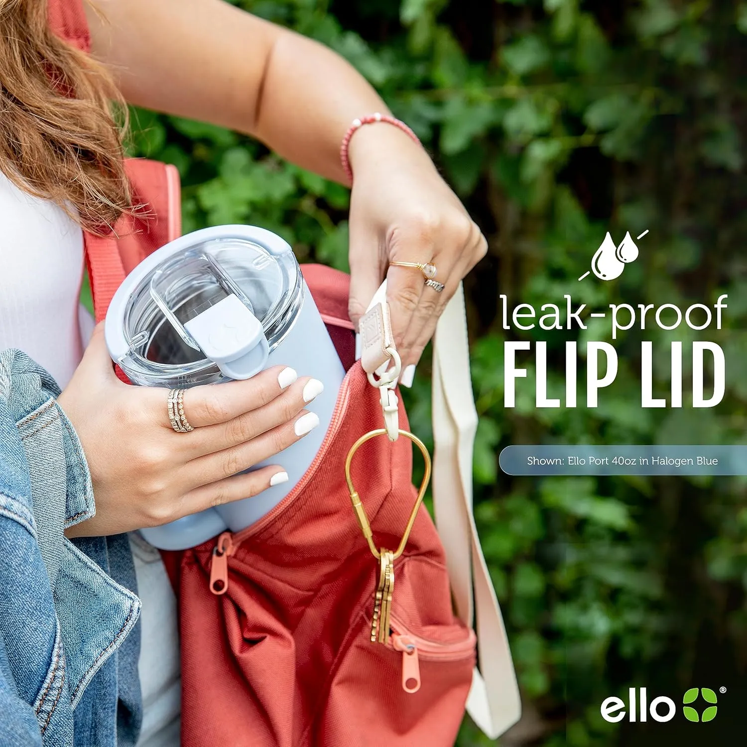 Ello Port 40oz Tumbler with Carry Loop & Integrated Handle, Vacuum Insulated Stainless Steel Reusable Water Bottle, Travel Mug with Leak Proof Lid & Straw, Perfect for Iced Coffee & Tea, Cream