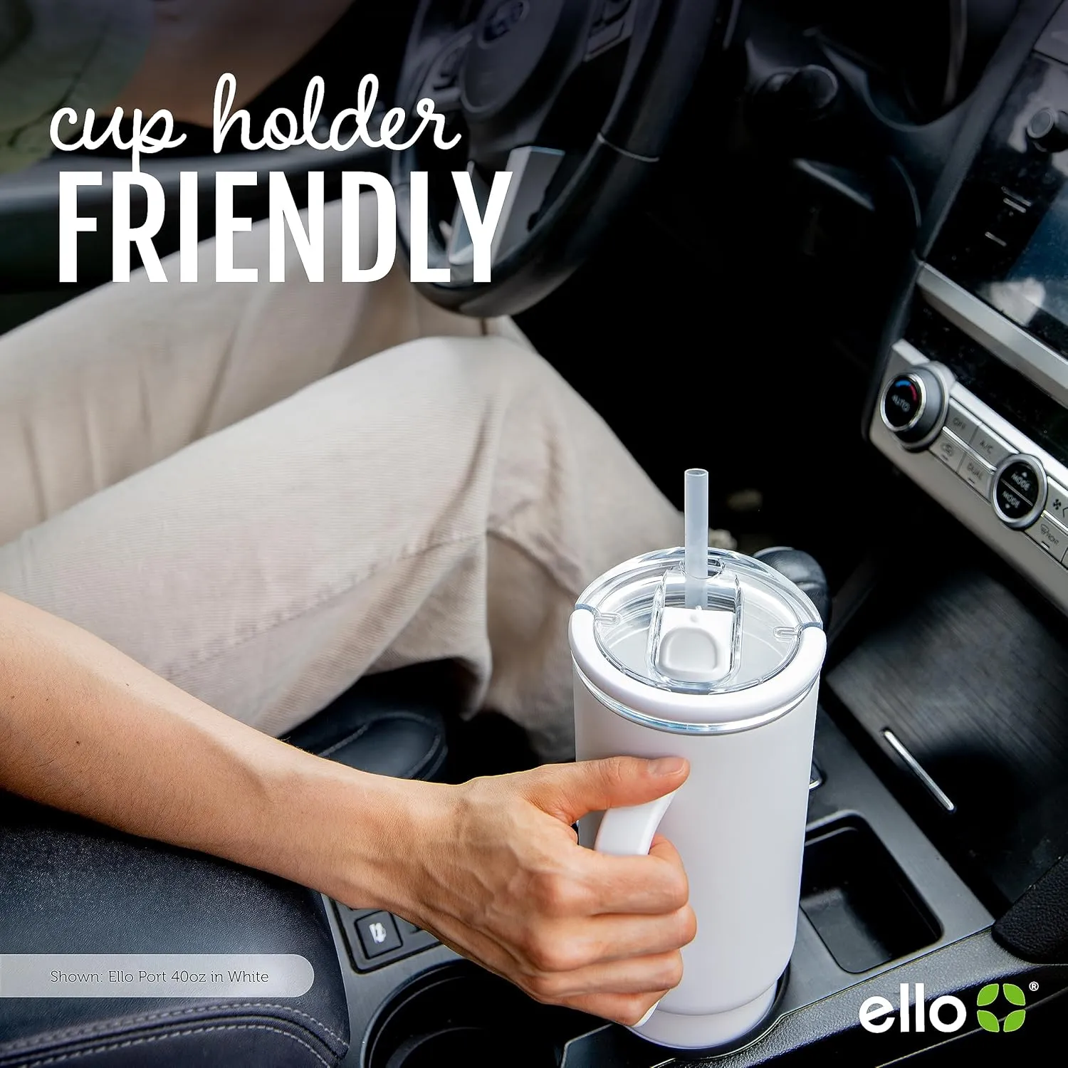 Ello Port 40oz Tumbler with Carry Loop & Integrated Handle, Vacuum Insulated Stainless Steel Reusable Water Bottle, Travel Mug with Leak Proof Lid & Straw, Perfect for Iced Coffee & Tea, Cream