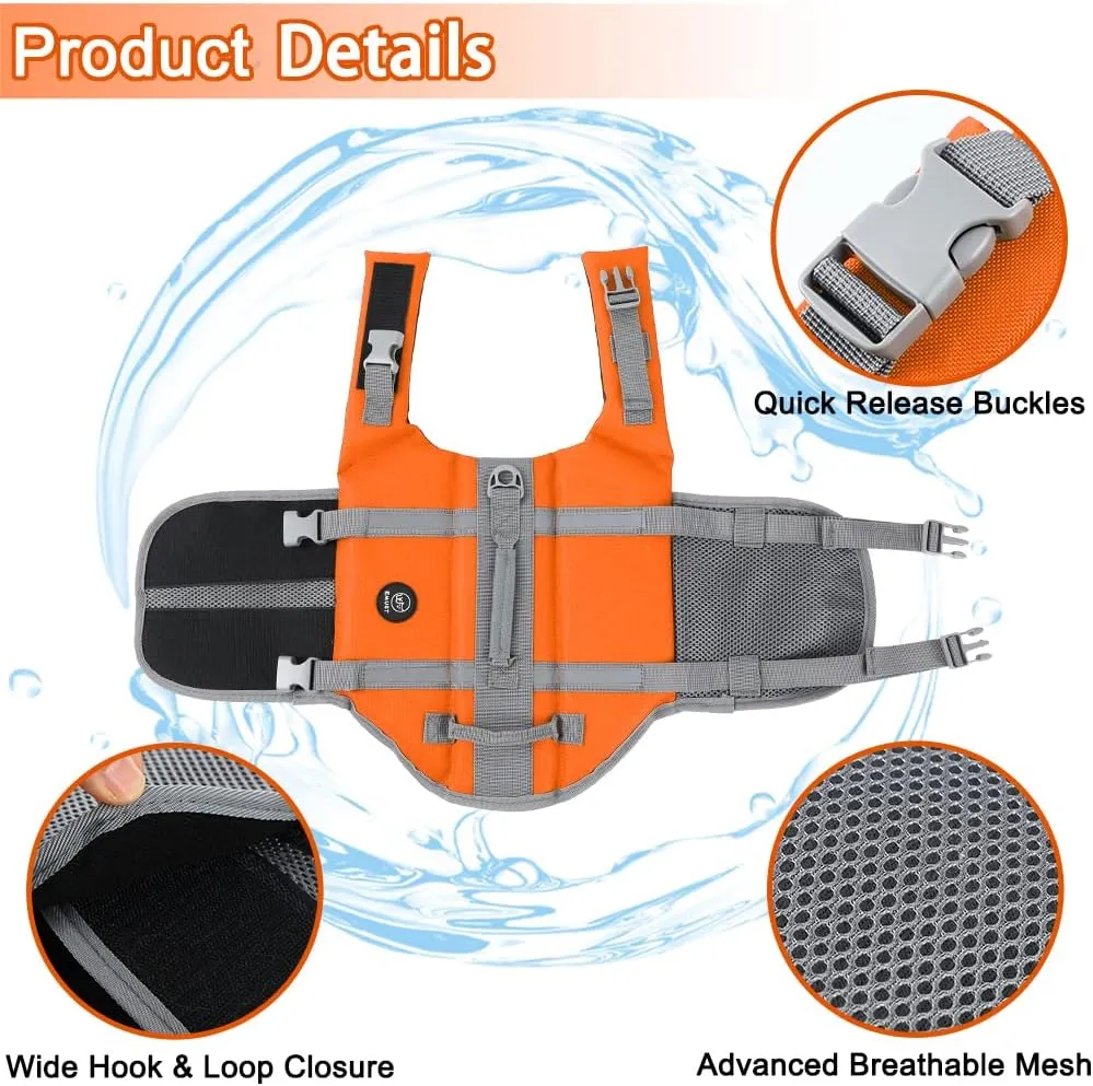 EMUST Dog Life Jacket, XL, NewOrange, Waterproof, Breathable, Adjustable with Rescue Handle, for Swimming Pool Beach Boating