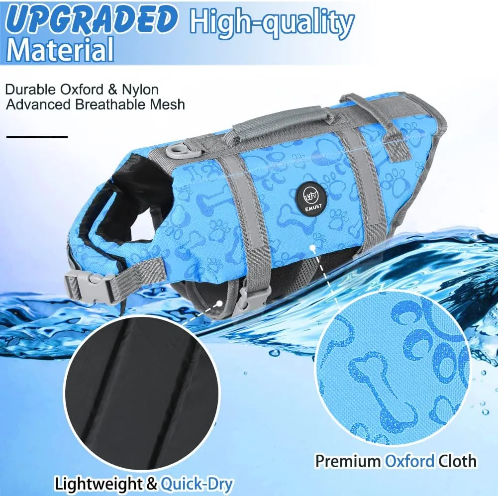 EMUST Life Jackets for Dogs, Adjustable Small/Medium/Large Dog Swim Vest for Water Safety Pet Life Vest with Rescue Handle Safety Vest for Swimming Pool Beach Boating, XL, NewBlue
