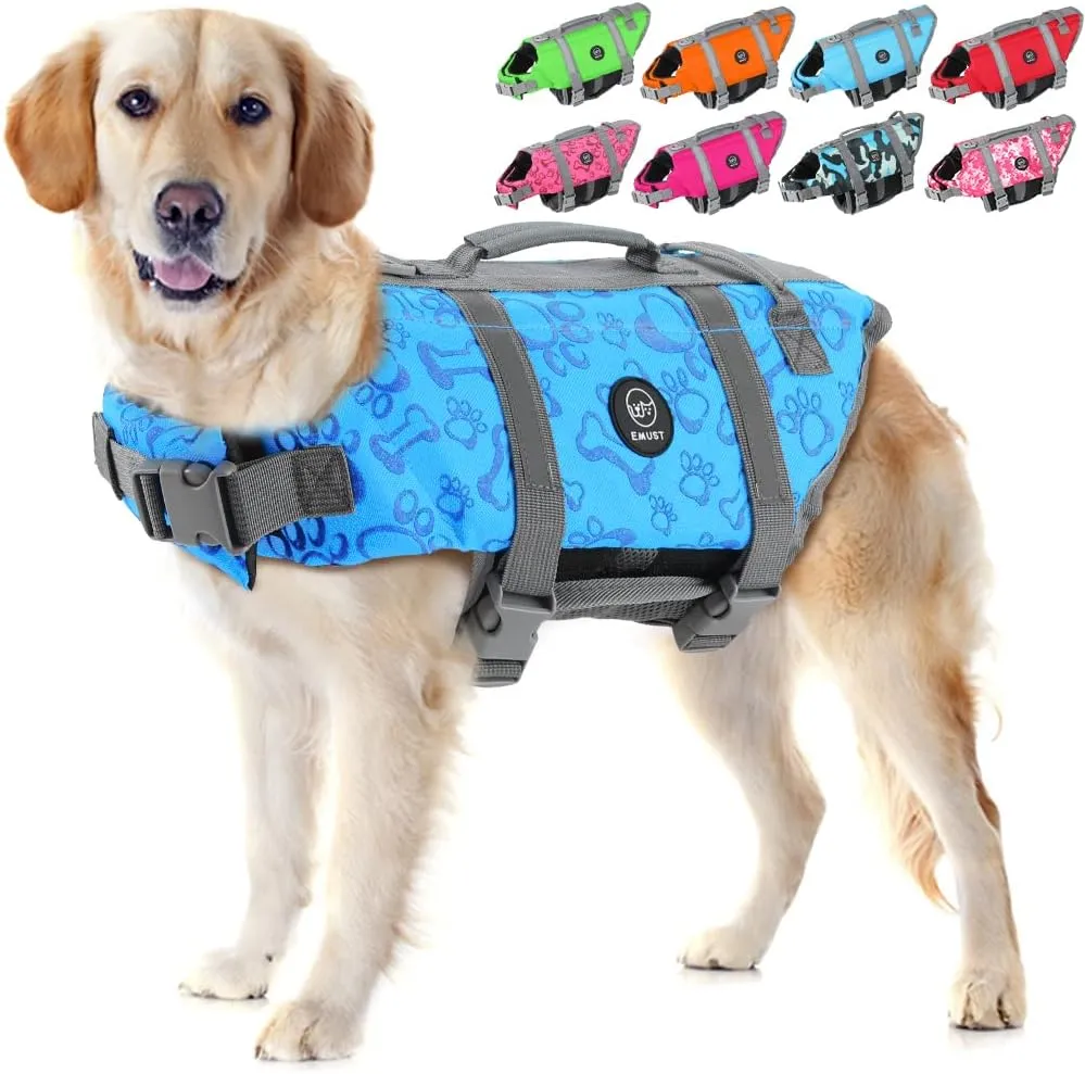 EMUST Life Jackets for Dogs, Adjustable Small/Medium/Large Dog Swim Vest for Water Safety Pet Life Vest with Rescue Handle Safety Vest for Swimming Pool Beach Boating, XL, NewBlue