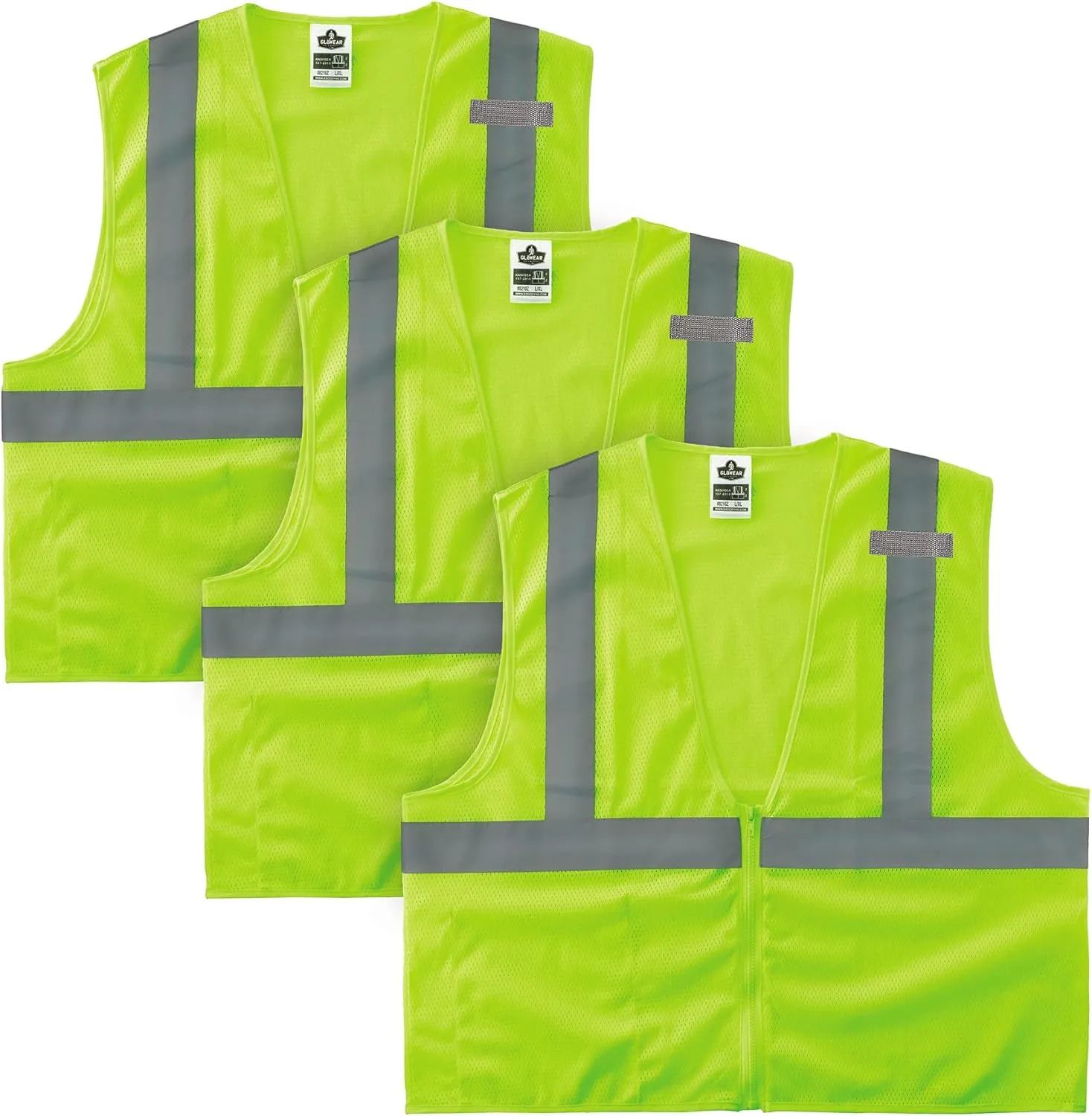 Ergodyne GloWear 8210Z ANSI Economy High Visibility Lime Reflective Safety Vest, Zipper Closure, 3-Pack
