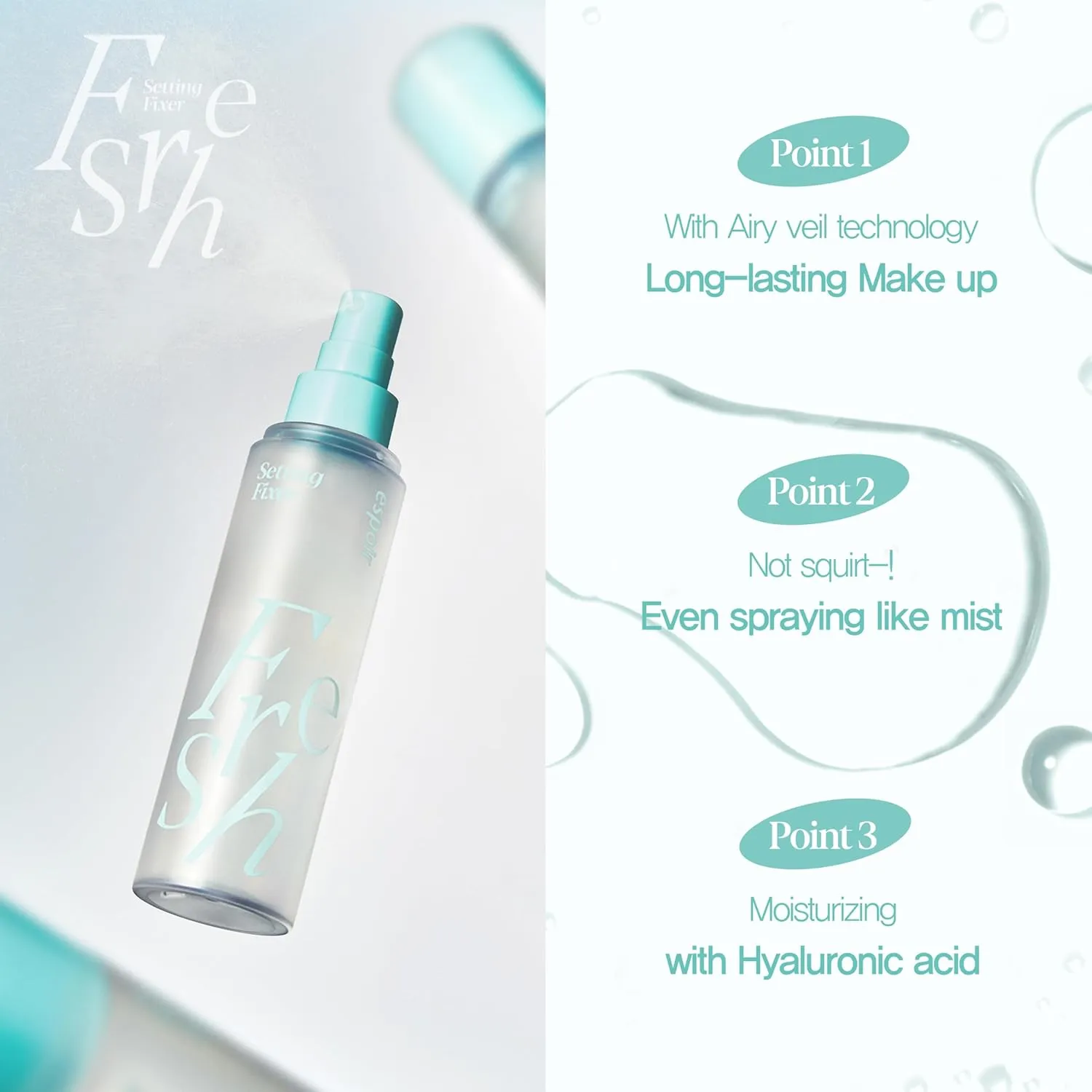 Espoir Fresh Setting Fixer | Makeup Setting Spray for Long-lasting makeup | 3.38 fl oz | Mist-like Spray for Lightweight Layering on the skin | Moisturizing and Refreshing Finish | Korean makeup