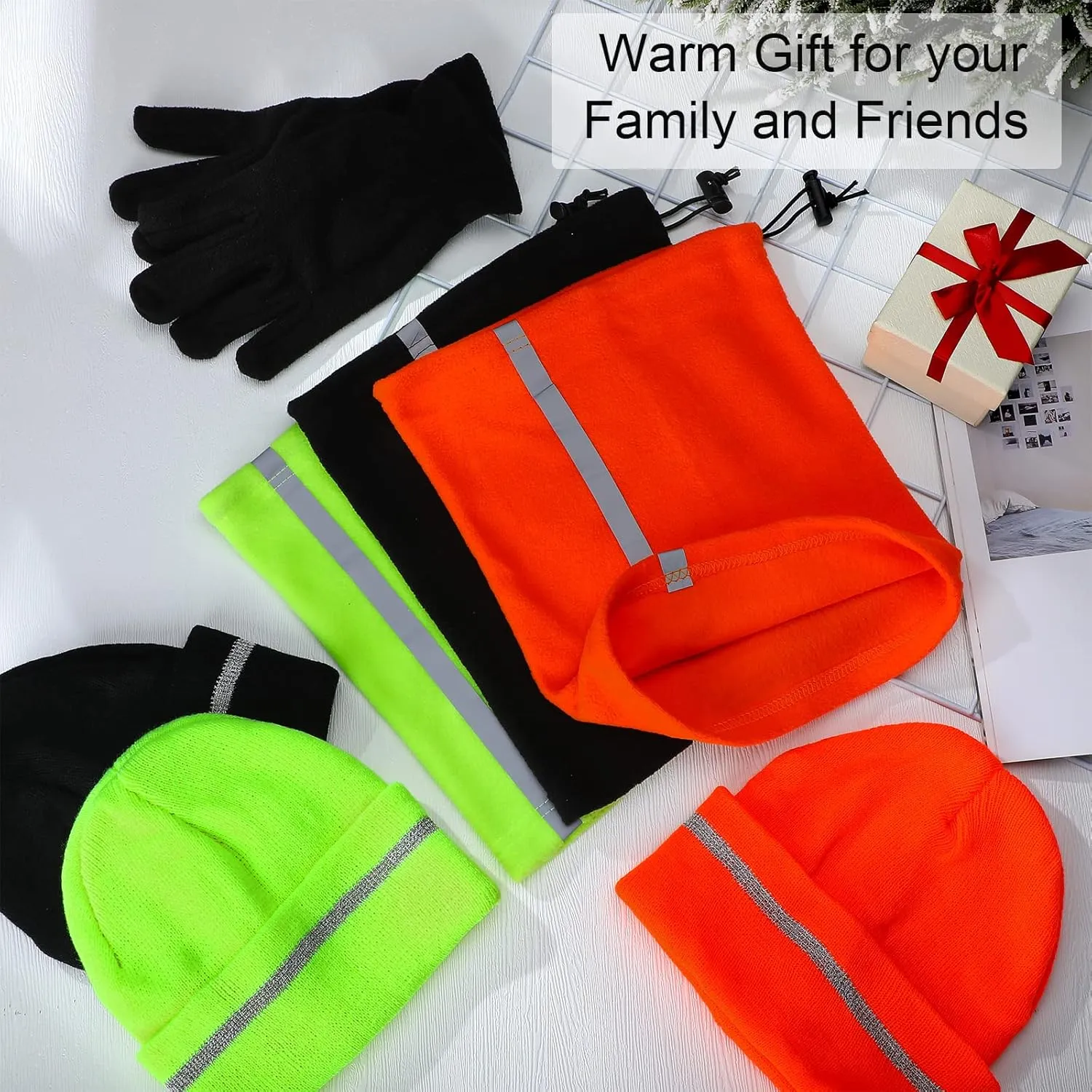 Eurzom 9 Pcs Reflective Beanie Hat Scarf Glove High Visibility Safety Beanie Hat Winter Reflective Neck Gaiter Beanie Gloves