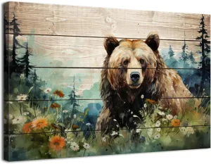 Farmhouse Bear Wall Art Cabin Decor Watercolor Jungle Wild Animal Picture Canvas Prints Living Room Forest Scenery Floral Poster Artwork for Bedroom Lodge Bathroom Kitchen Office Home Decoration 24x36
