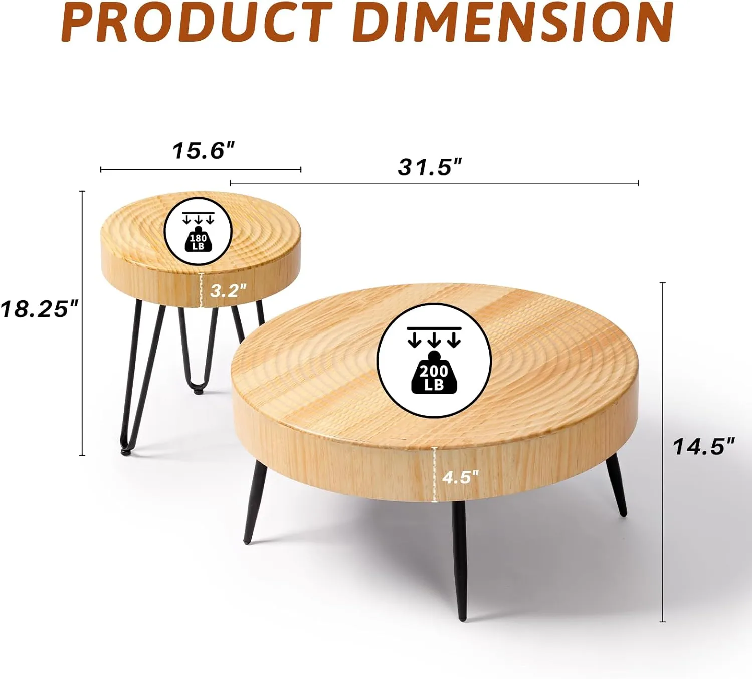 FIDROOM ﻿Round Wood Coffee Table Set of 2, Farmhouse Nesting Table w/Fluted Finish, Boho Circle Center Table for Living Room Tiny Home (Ring Pattern)