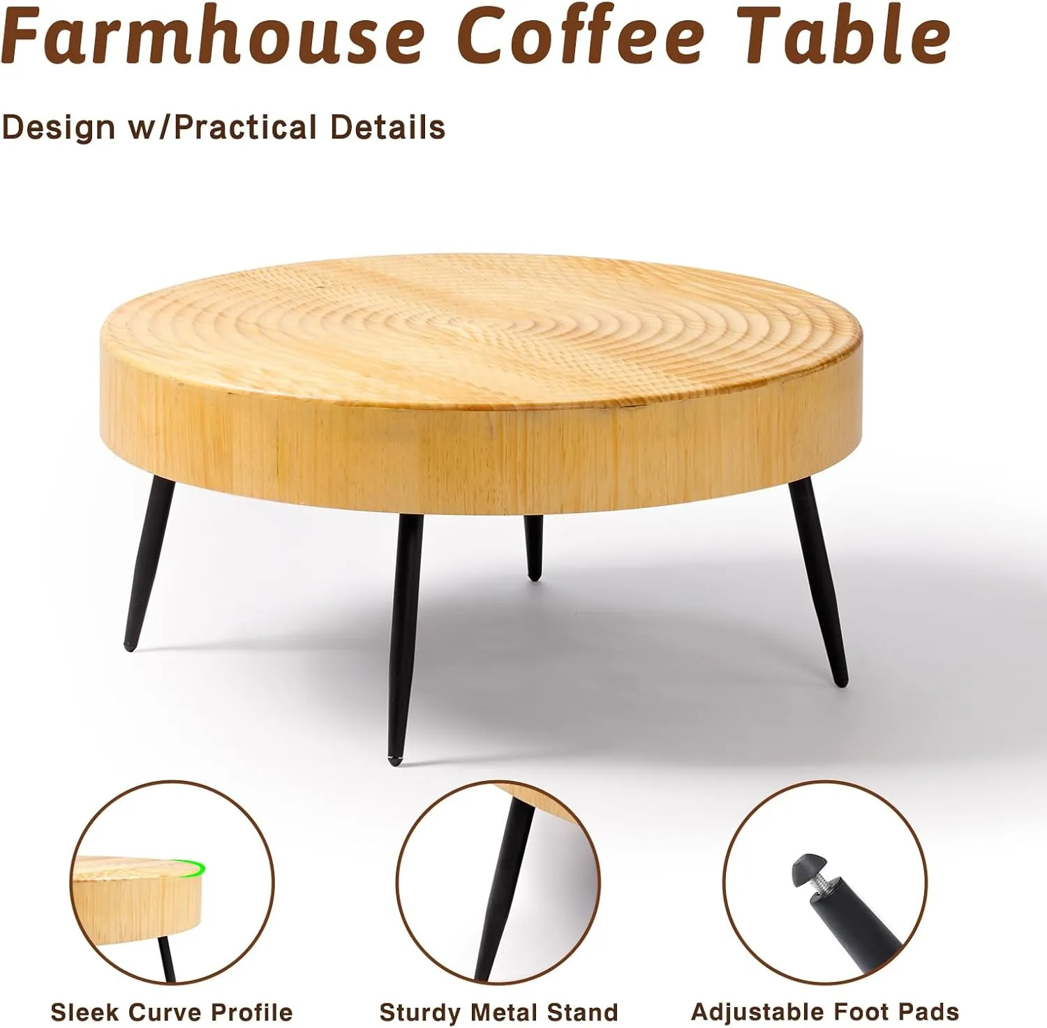 FIDROOM ﻿Round Wood Coffee Table Set of 2, Farmhouse Nesting Table w/Fluted Finish, Boho Circle Center Table for Living Room Tiny Home (Ring Pattern)