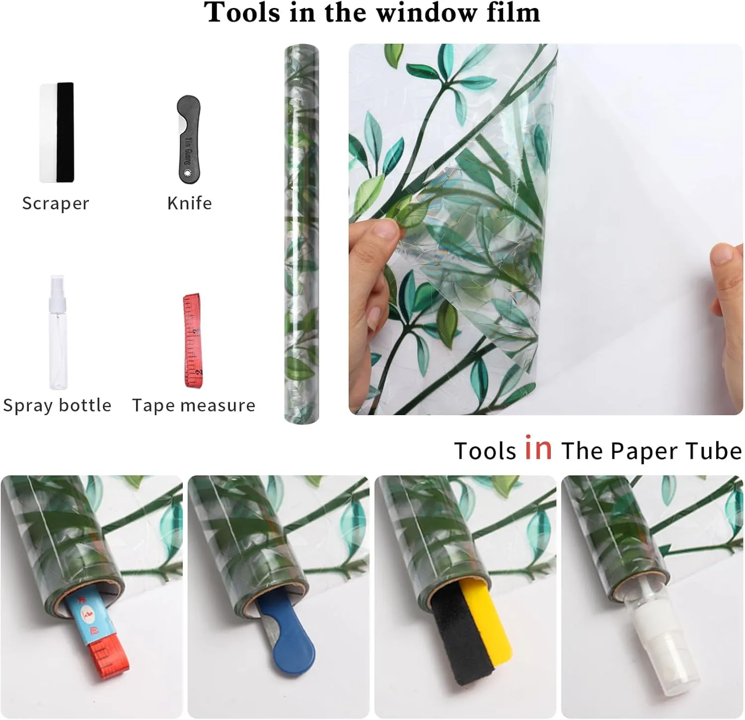 FILMGOO Window Privacy Film Rainbow Green Leaf Window Film 3D Decals Stain Glass Window Stickers Heat Blocking Non-Adhesive Reusable Decorative for Home Door Office(Leaf, 35.4 X 78.7 in)