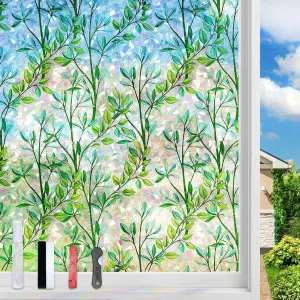 FILMGOO Window Privacy Film Rainbow Green Leaf Window Film 3D Decals Stain Glass Window Stickers Heat Blocking Non-Adhesive Reusable Decorative for Home Door Office(Leaf, 35.4 X 78.7 in)