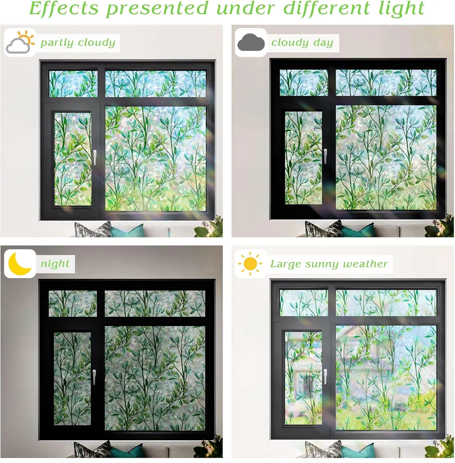 FILMGOO Window Privacy Film Rainbow Green Leaf Window Film 3D Decals Stain Glass Window Stickers Heat Blocking Non-Adhesive Reusable Decorative for Home Door Office(Leaf, 35.4 X 78.7 in)
