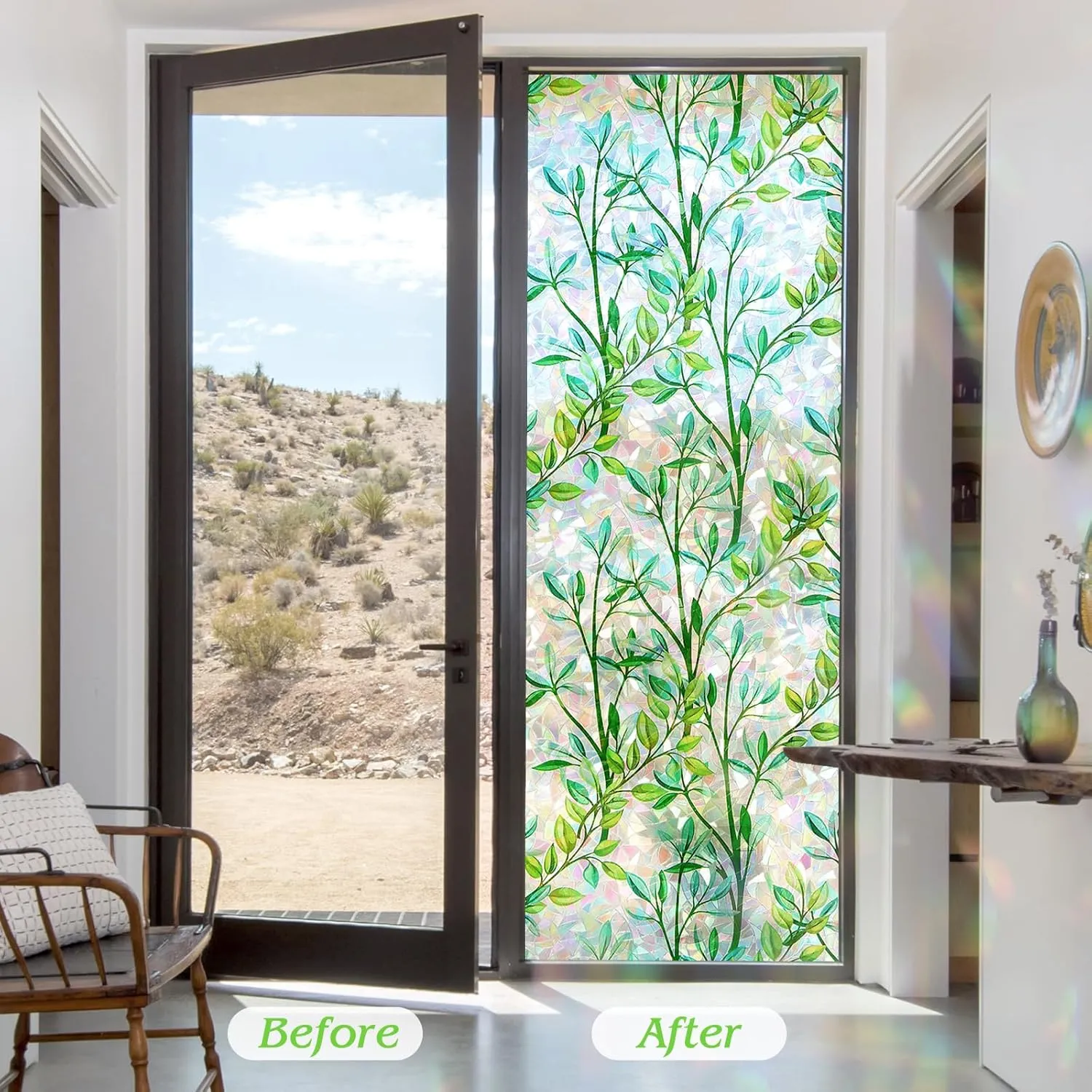 FILMGOO Window Privacy Film Rainbow Green Leaf Window Film 3D Decals Stain Glass Window Stickers Heat Blocking Non-Adhesive Reusable Decorative for Home Door Office(Leaf, 35.4 X 78.7 in)