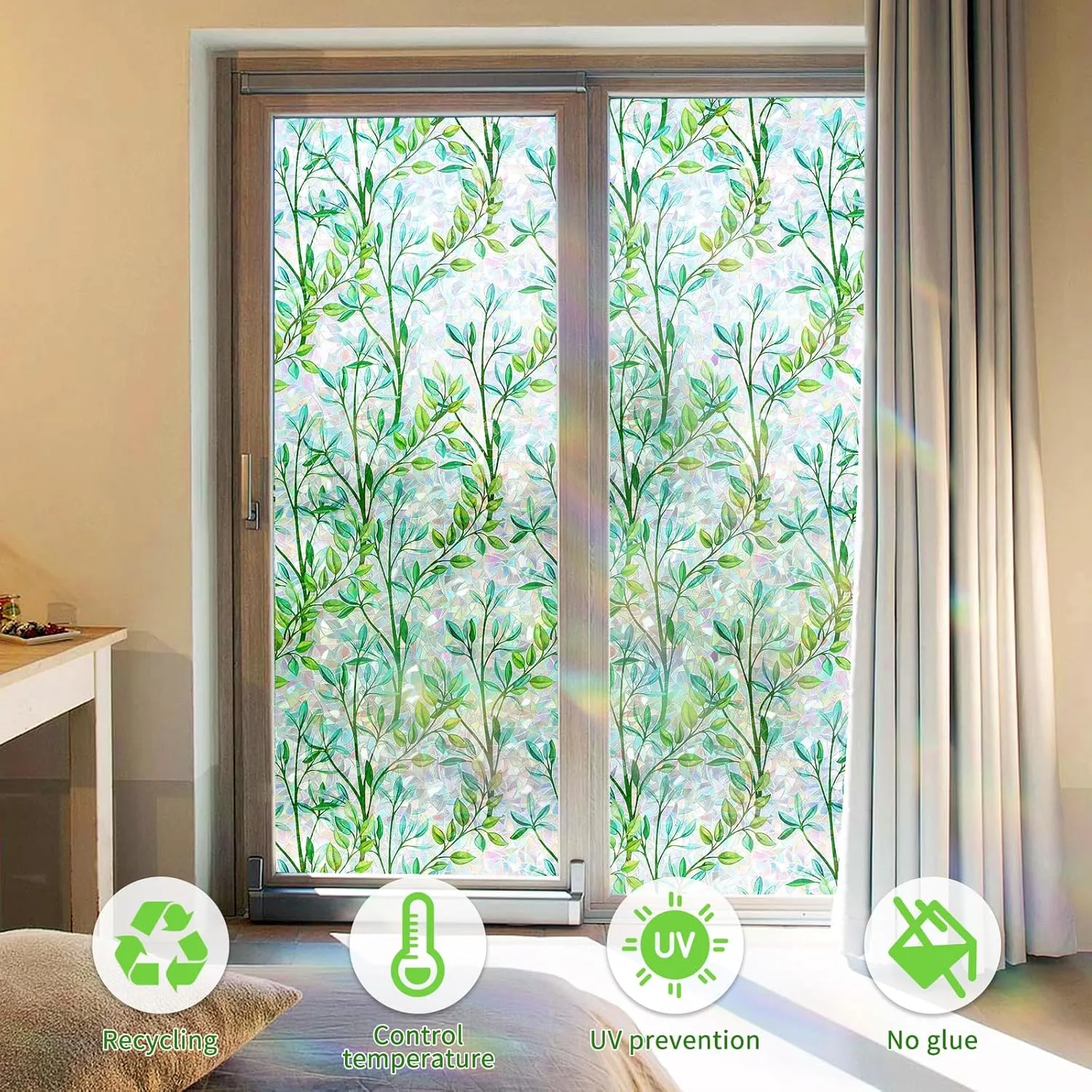FILMGOO Window Privacy Film Rainbow Green Leaf Window Film 3D Decals Stain Glass Window Stickers Heat Blocking Non-Adhesive Reusable Decorative for Home Door Office(Leaf, 35.4 X 78.7 in)