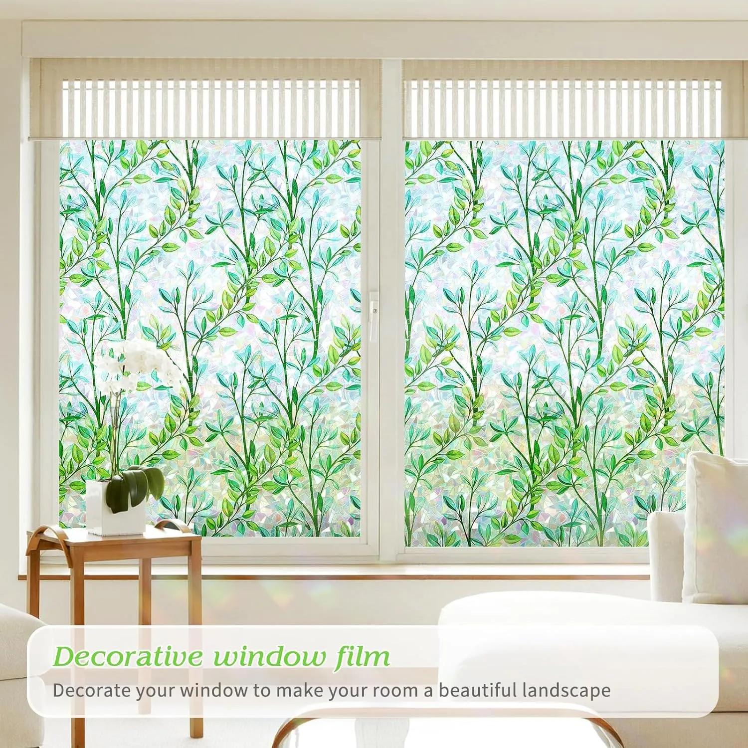 FILMGOO Window Privacy Film Rainbow Green Leaf Window Film 3D Decals Stain Glass Window Stickers Heat Blocking Non-Adhesive Reusable Decorative for Home Door Office(Leaf, 35.4 X 78.7 in)