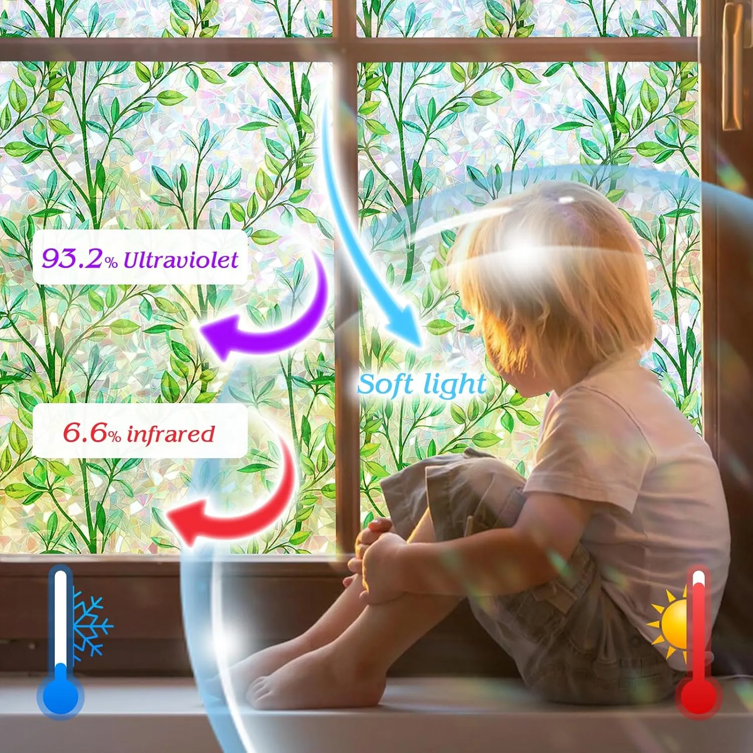 FILMGOO Window Privacy Film Rainbow Green Leaf Window Film 3D Decals Stain Glass Window Stickers Heat Blocking Non-Adhesive Reusable Decorative for Home Door Office(Leaf, 35.4 X 78.7 in)