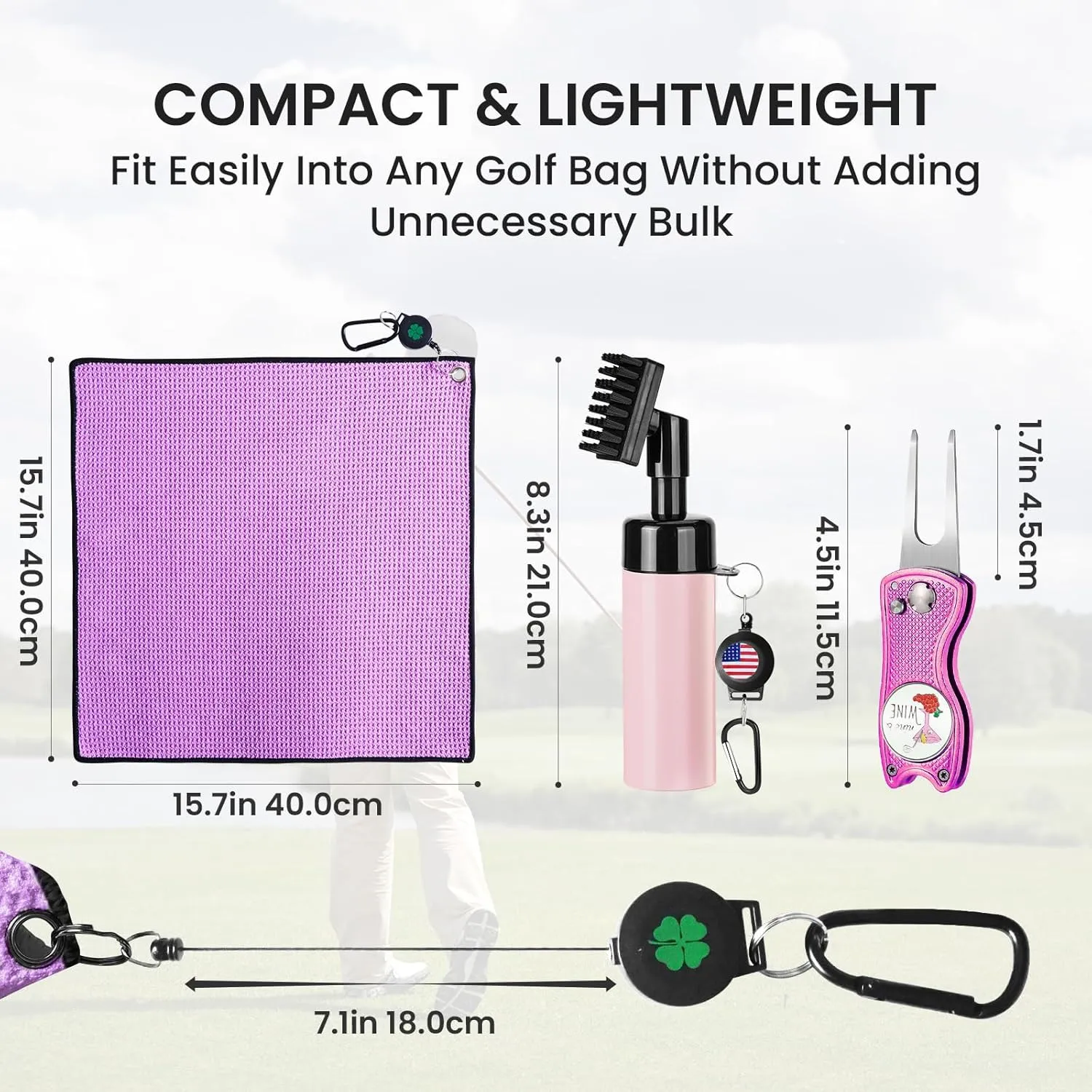 FINGER TEN Golf Club Cleaning Value Set, Strong Magnetic Retractable Carabiner Absorbent Towel Squeeze Water Brush with Divot Tool Ball Marker, Golf Bag Accessory for Iron Care Men Women