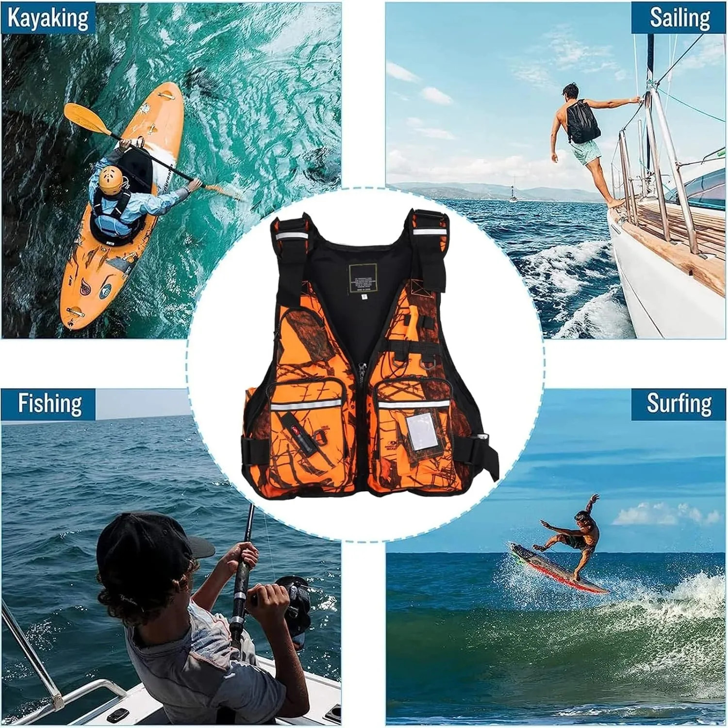 Fishing Jackets with Adjustable Shoulder Waist, Whistle for Swimming Water Equipment Boat Kayak