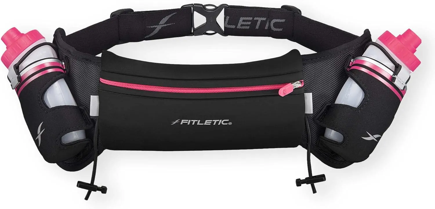 Fitletic Hydration Running Belt with Water Bottles for Men & Women – 2 Quick Flow 8oz Running Water Bottles, Patented Bounce Free Design, Water Resistant Pouch Fits All Phones – Hydra 16