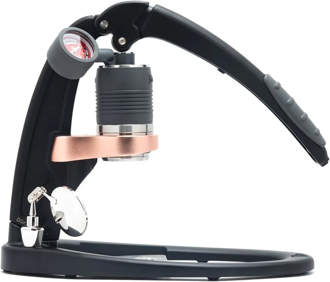 Flair UPDATED PRO 3 (Black) - All manual lever espresso maker with a stainless steel brew head, pressure gauge, and a shot mirror