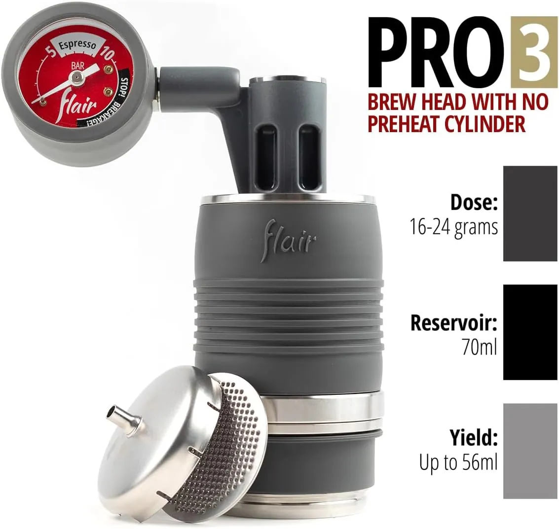 Flair UPDATED PRO 3 (Black) - All manual lever espresso maker with a stainless steel brew head, pressure gauge, and a shot mirror