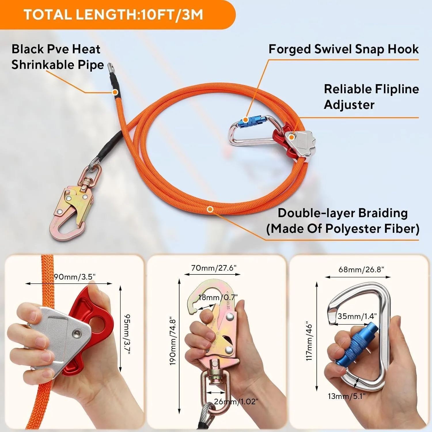 Flip Line Tree Climbing Rope 1/2" X 10ft Steel Core Flipline with Triple Lock Carabiner Adjuster Steel Swivel Snap for Fall Protection,Better Grab,Low Stretch,Cut Resistant,Climbing Tree Equipment