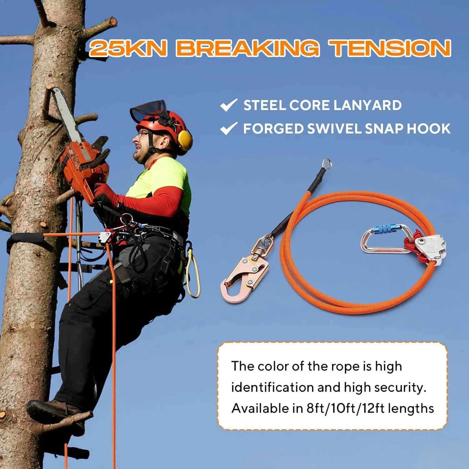 Flip Line Tree Climbing Rope 1/2" X 10ft Steel Core Flipline with Triple Lock Carabiner Adjuster Steel Swivel Snap for Fall Protection,Better Grab,Low Stretch,Cut Resistant,Climbing Tree Equipment