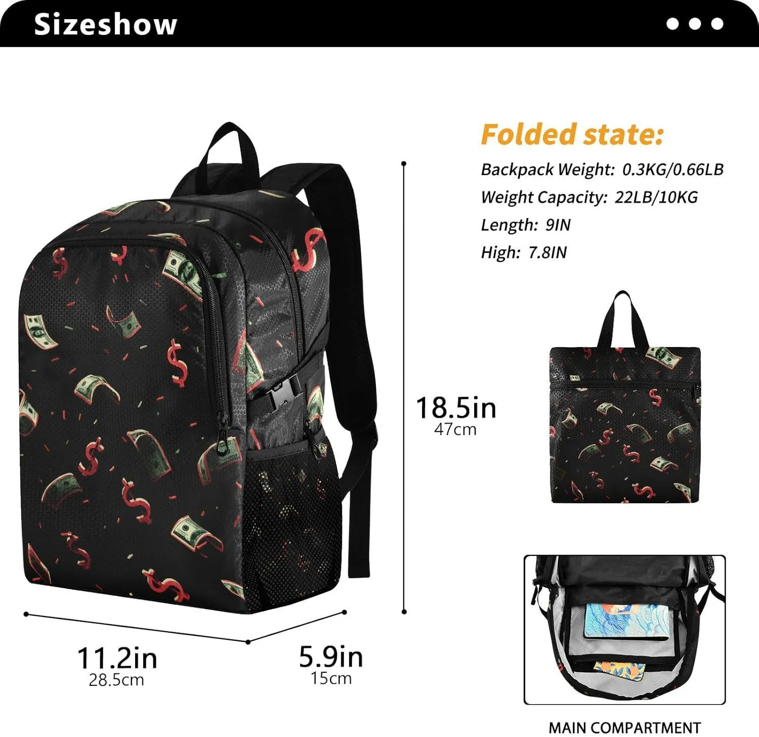 Floating Dollar Design Backpack - Foldable Waterproof Carry-on Bag with Hidden Pockets, 18.5inch Lightweight Pack for Airport Travel Essentials