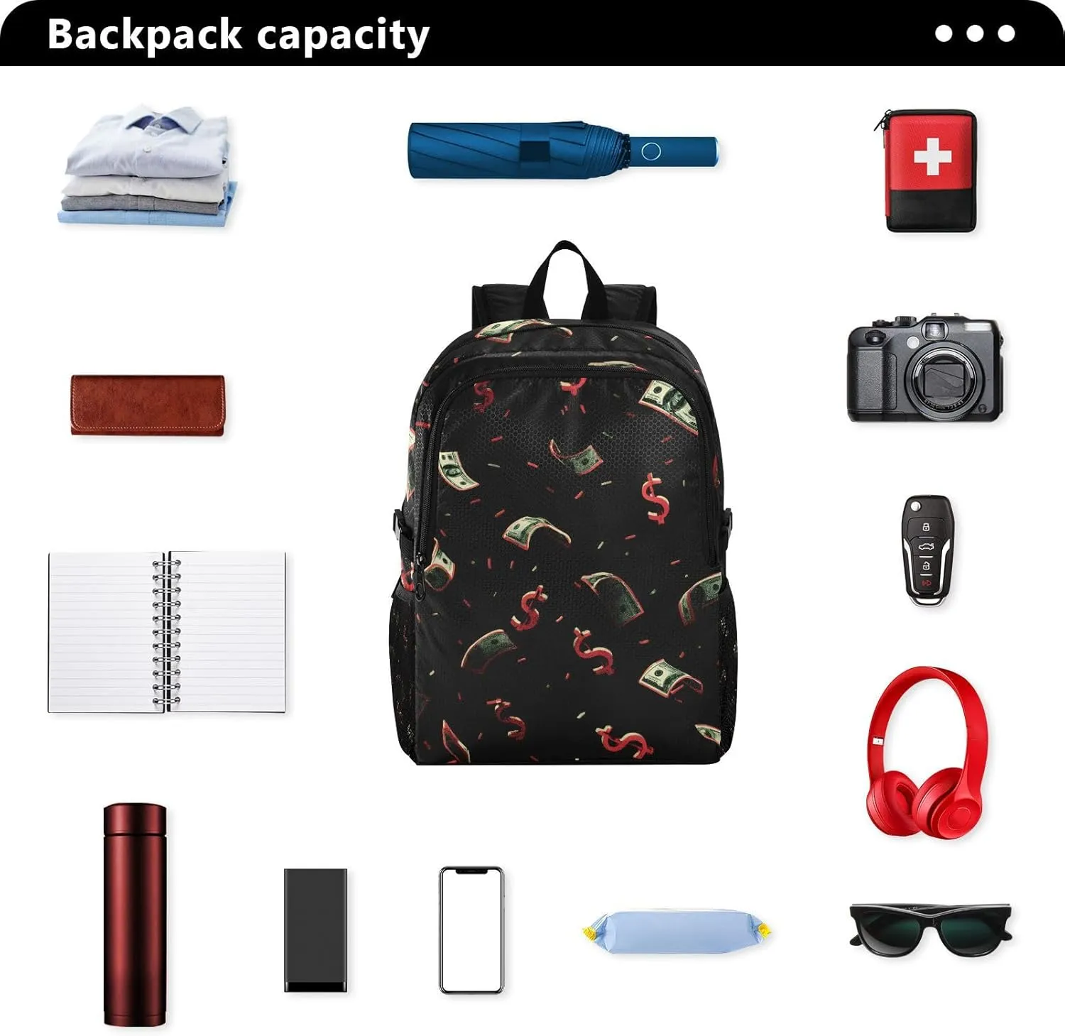 Floating Dollar Design Backpack - Foldable Waterproof Carry-on Bag with Hidden Pockets, 18.5inch Lightweight Pack for Airport Travel Essentials