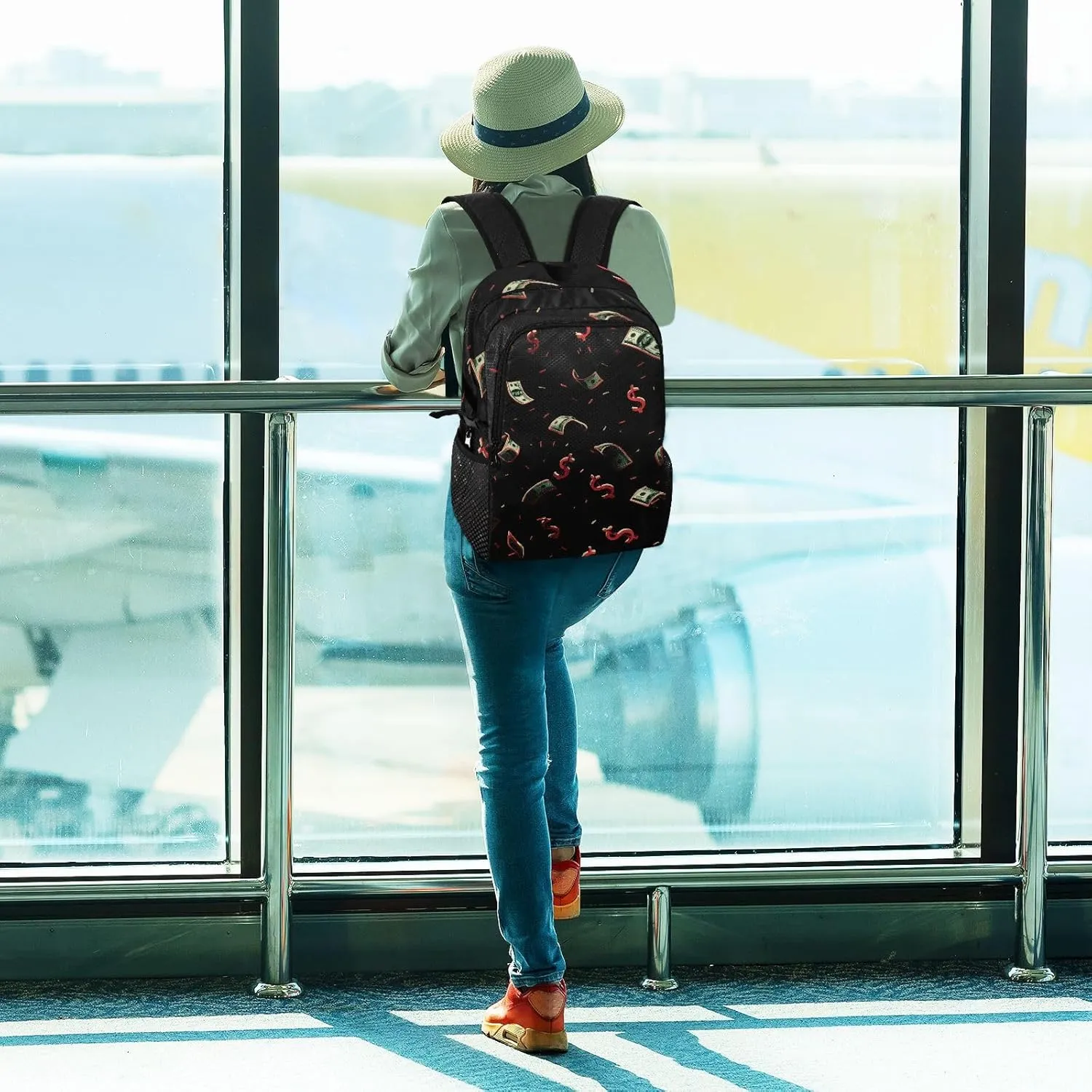 Floating Dollar Design Backpack - Foldable Waterproof Carry-on Bag with Hidden Pockets, 18.5inch Lightweight Pack for Airport Travel Essentials