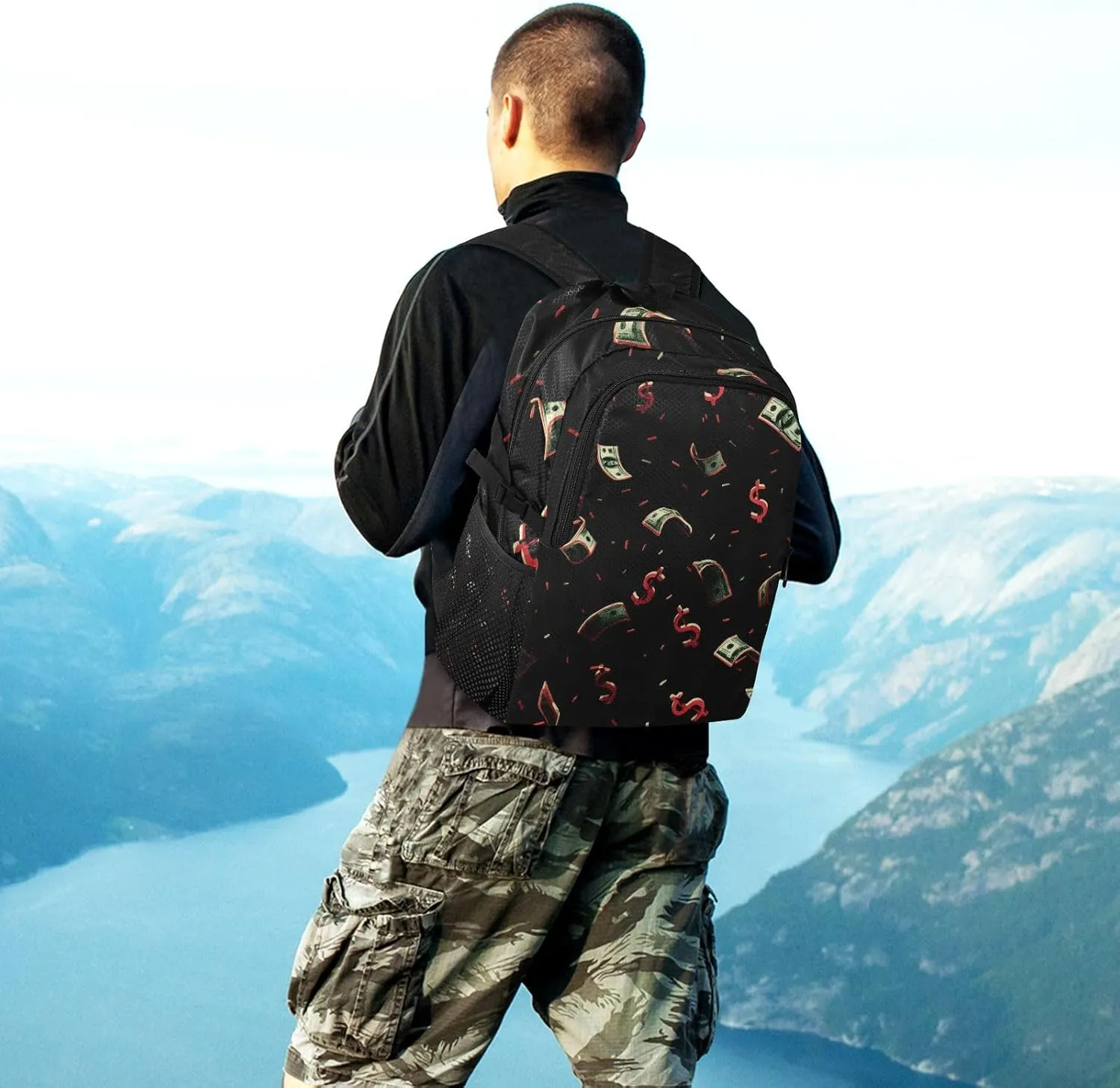Floating Dollar Design Backpack - Foldable Waterproof Carry-on Bag with Hidden Pockets, 18.5inch Lightweight Pack for Airport Travel Essentials