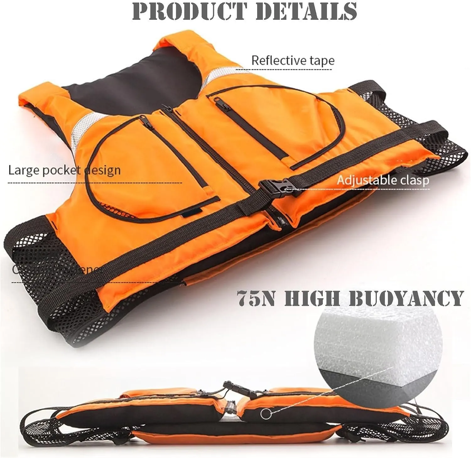 Floating Swim Vest with Zip Pocket and Reflective Stripe, Adjustable, Buoyancy Aid Vest for Boating Kayaking Surfing