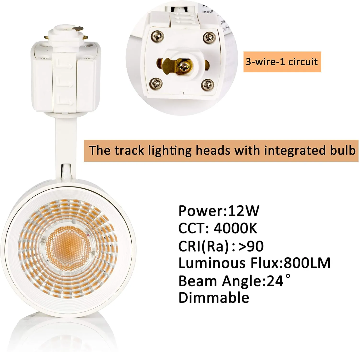 FLSNT 4-Pack LED Track Lighting Heads for 3-Wire-1 Circuit H-Type Track,12W(75W Equiv.),Dimmable,CRI90,800LM,4000K Natural White for Wall Art Exhibition Lighting,White Finishing