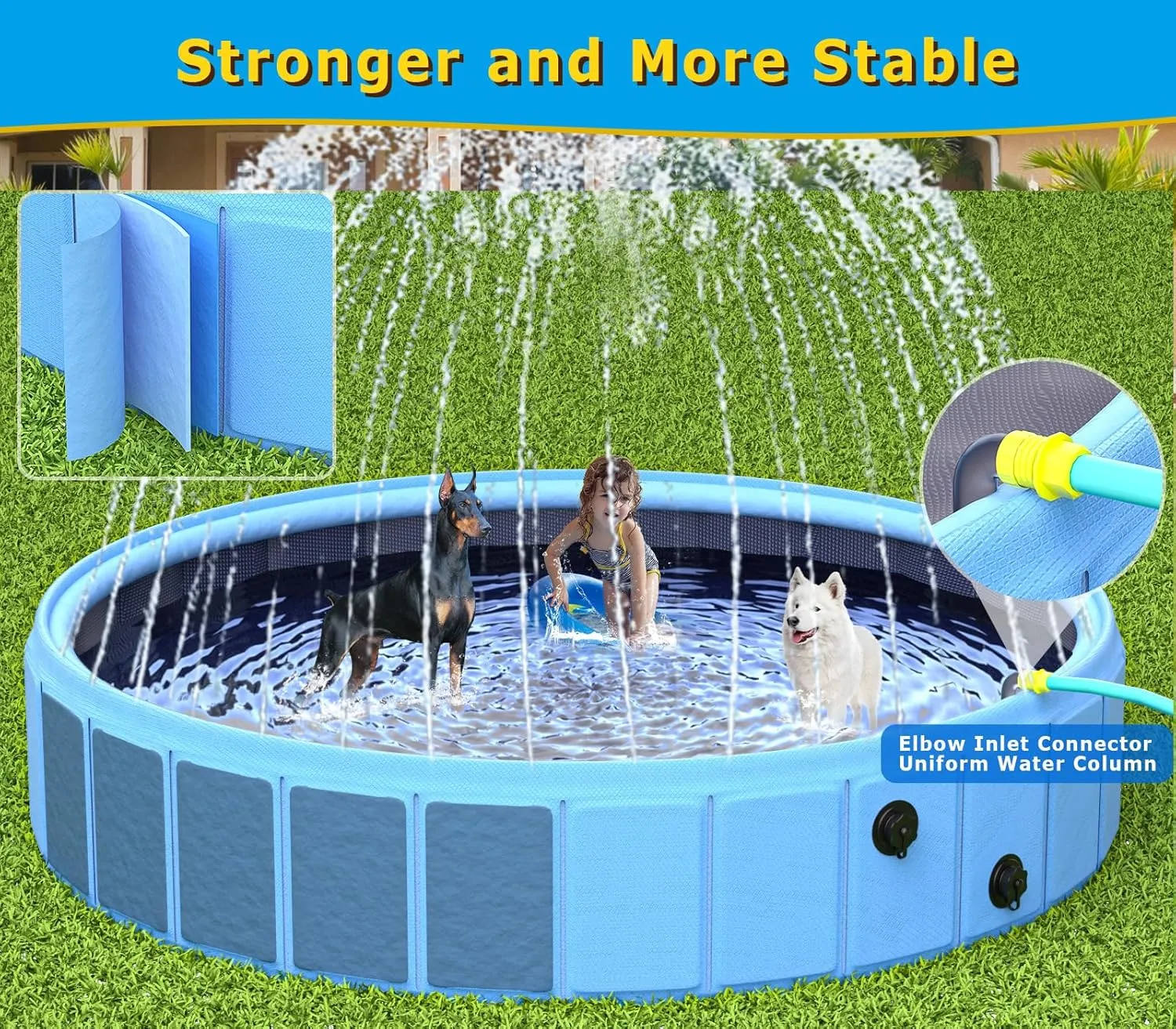Foldable Dog Pool with Sprinkler, 97 in Extra Large Dog Swimming Pool, Outdoor Collapsible Pet Bathing Tub for Pets Dogs Cats and Kids (97" D x 12" H, Blue)