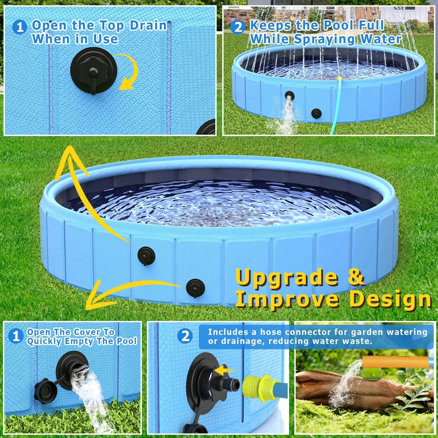 Foldable Dog Pool with Sprinkler, 97 in Extra Large Dog Swimming Pool, Outdoor Collapsible Pet Bathing Tub for Pets Dogs Cats and Kids (97" D x 12" H, Blue)