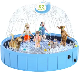 Foldable Dog Pool with Sprinkler, 97 in Extra Large Dog Swimming Pool, Outdoor Collapsible Pet Bathing Tub for Pets Dogs Cats and Kids (97" D x 12" H, Blue)