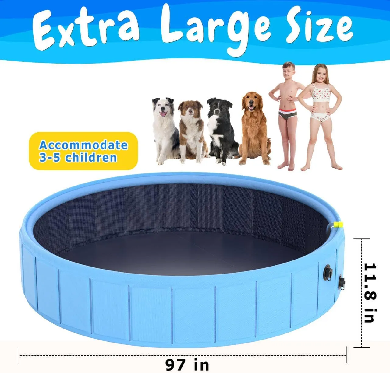 Foldable Dog Pool with Sprinkler, 97 in Extra Large Dog Swimming Pool, Outdoor Collapsible Pet Bathing Tub for Pets Dogs Cats and Kids (97" D x 12" H, Blue)