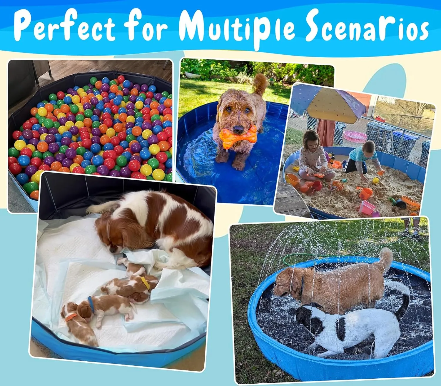 Foldable Dog Pool with Sprinkler, 97 in Extra Large Dog Swimming Pool, Outdoor Collapsible Pet Bathing Tub for Pets Dogs Cats and Kids (97" D x 12" H, Blue)