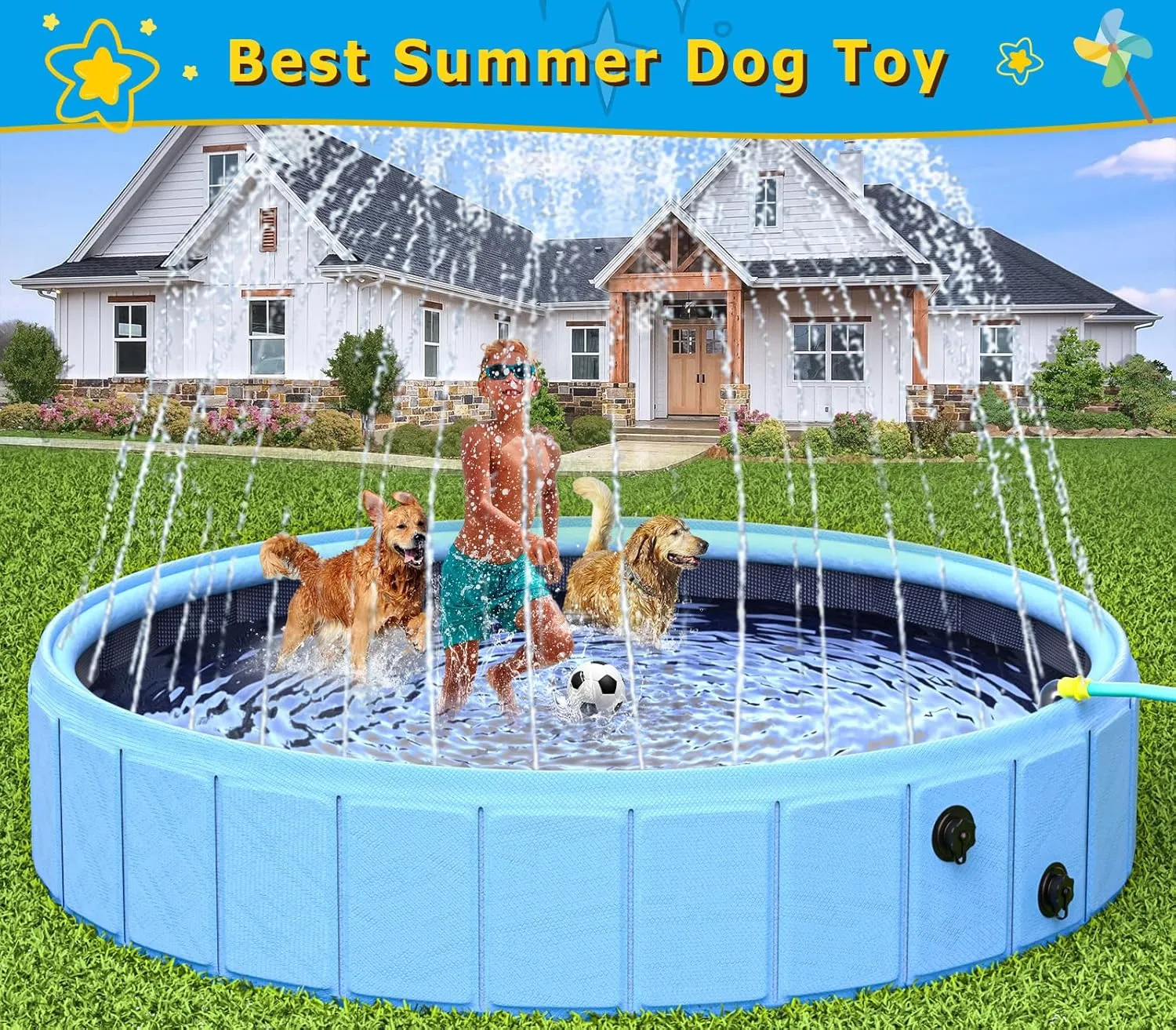 Foldable Dog Pool with Sprinkler, 97 in Extra Large Dog Swimming Pool, Outdoor Collapsible Pet Bathing Tub for Pets Dogs Cats and Kids (97" D x 12" H, Blue)