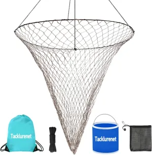 Foldable Drop and Pier Fishing Net, Portable Bridge Net,Crab Bait Shrimp Net with Bucket Soft Steel Hoop and 32FT Rope Storage Bag