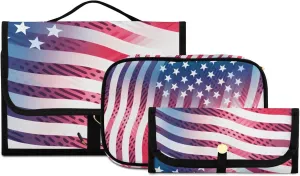 Foldable Hanging Travel Toiletry Organizer Set 3-Piece with Cosmetic Bag & Brush Holder - American Flag Of The 1980s