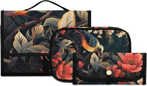 Foldable Hanging Travel Toiletry Organizer Set 3-Piece with Cosmetic Bag & Brush Holder - Chinese Painting Bird (2)