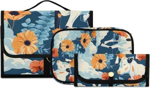 Foldable Hanging Travel Toiletry Organizer Set 3-Piece with Cosmetic Bag & Brush Holder - Cow (23)