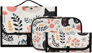 Foldable Hanging Travel Toiletry Organizer Set 3-Piece with Cosmetic Bag & Brush Holder - Cute Cat (5)