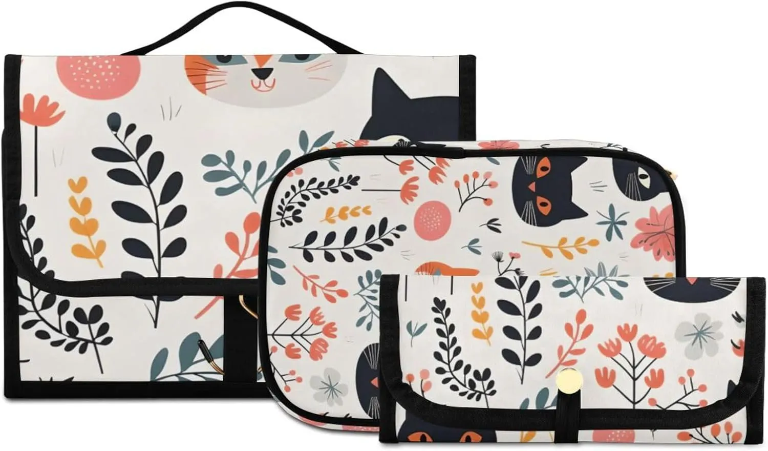 Foldable Hanging Travel Toiletry Organizer Set 3-Piece with Cosmetic Bag & Brush Holder - Cute Cat (5)