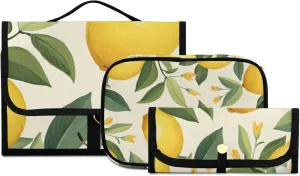 Foldable Hanging Travel Toiletry Organizer Set 3-Piece with Cosmetic Bag & Brush Holder - Cute Lemon (10)