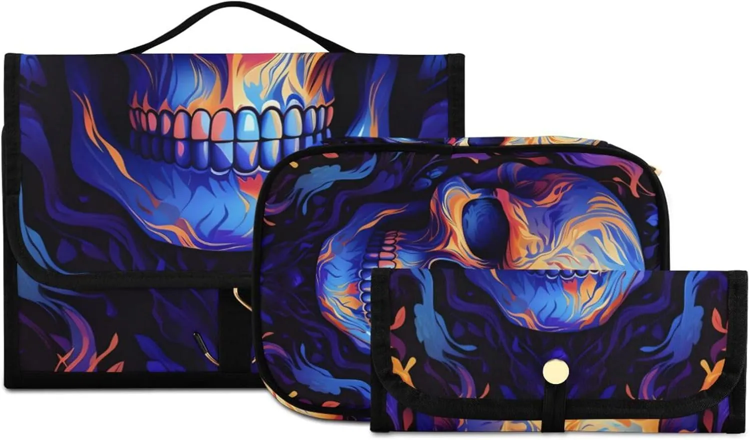 Foldable Hanging Travel Toiletry Organizer Set 3-Piece with Cosmetic Bag & Brush Holder - Cute Skull (2)